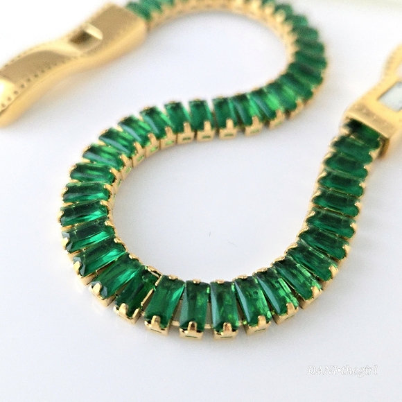 NEW 18K Gold Plated Green Baguette Diamond Tennis Bracelet - Picture 9 of 10